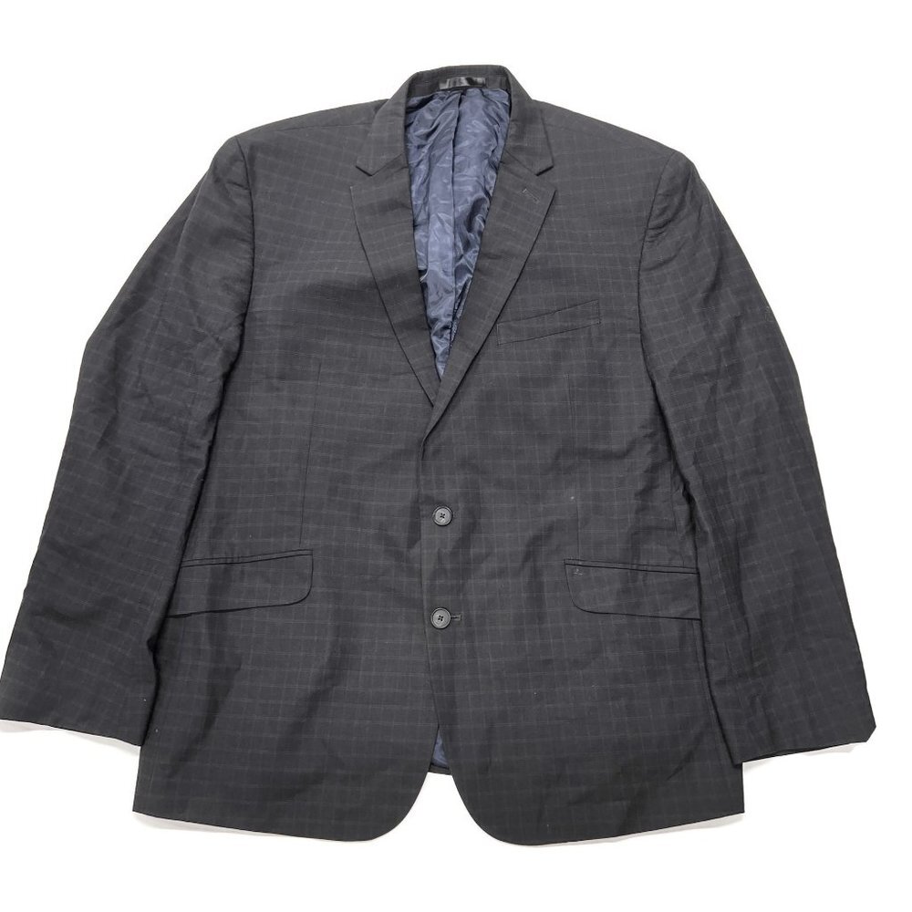 Kenneth Cole Reaction Wool Blazer Suit Jacket Coat 46 R Dark Navy Blue Check